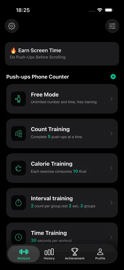 The Earn Screen Time banner at the top of the CounterUps Workout tab