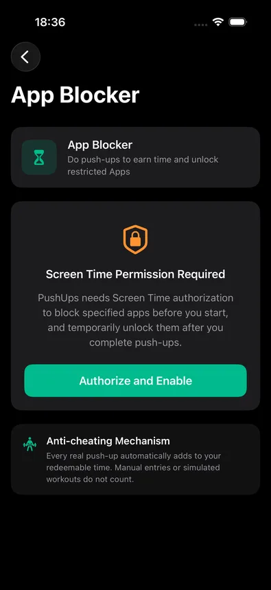 The App Blocker screen in CounterUps showing the Screen Time permission request and the anti-cheating explanation