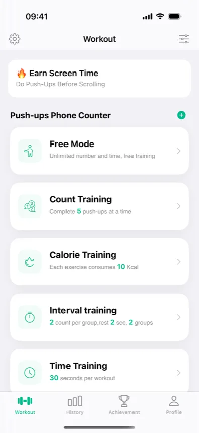 The Push-ups Phone Counter list in CounterUps: Free Mode, Count Training, Calorie Training, Interval training, Time Training