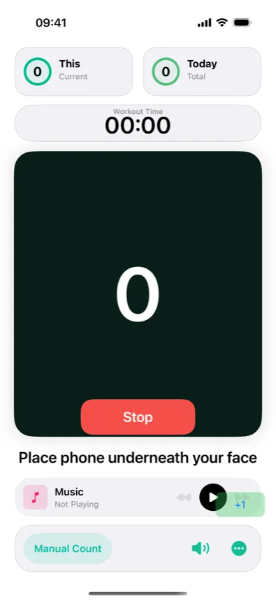 CounterUps counter session screen with rep counter, workout time, and the current detection-mode chip at the bottom