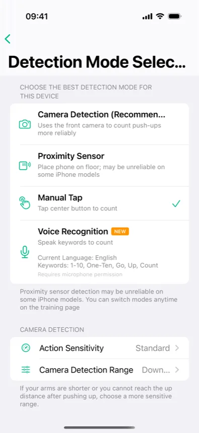 Detection Mode Selection in CounterUps: Camera Detection (Recommended), Proximity Sensor, Manual Tap, Voice Recognition, plus sensitivity settings