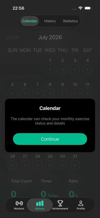 The Calendar segment of the CounterUps History tab, showing a month grid with per-day push-up badges