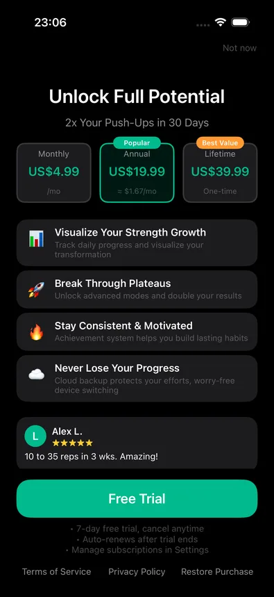 The CounterUps Pro paywall screen with monthly, annual, and lifetime pricing plus a free trial offer