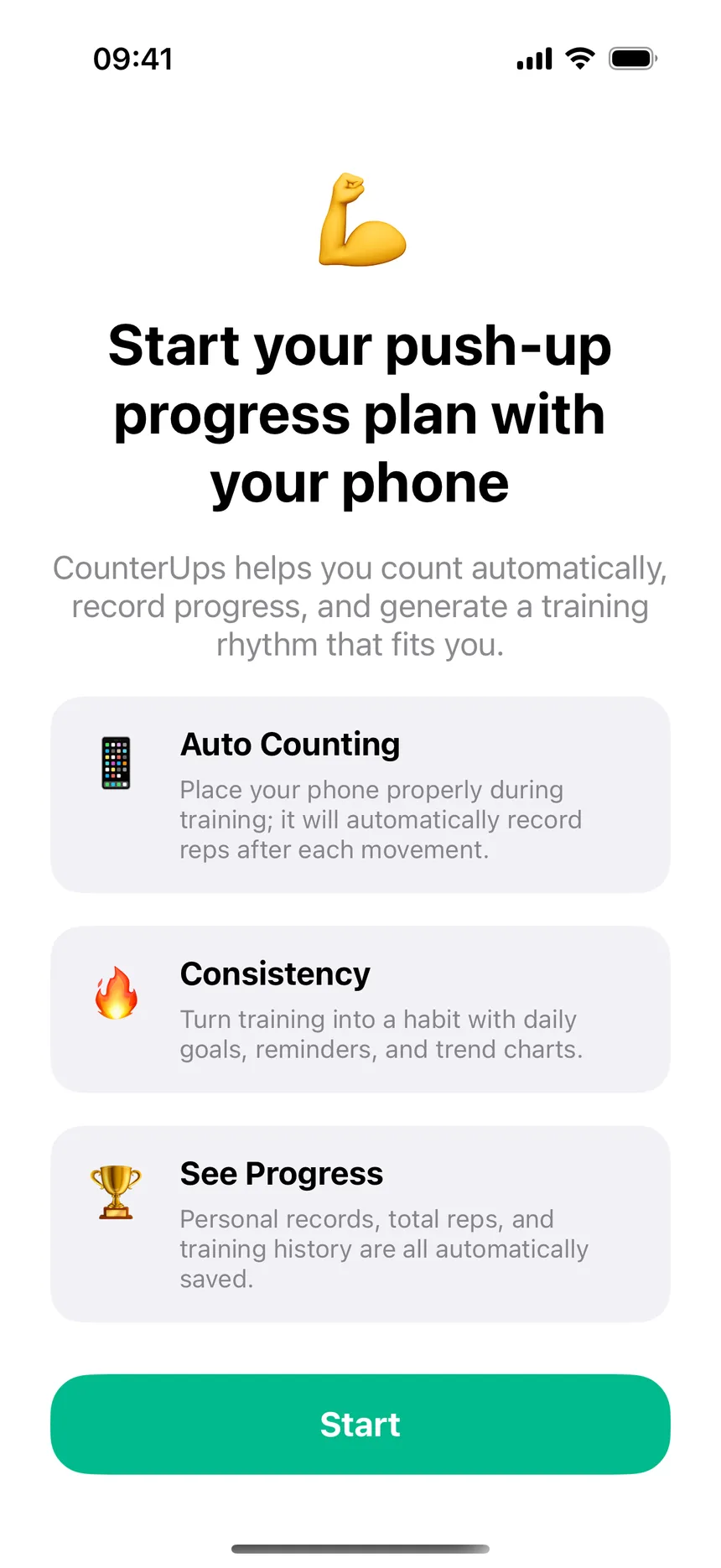 Pantalla de bienvenida de CounterUps con conteo automático, constancia y progreso