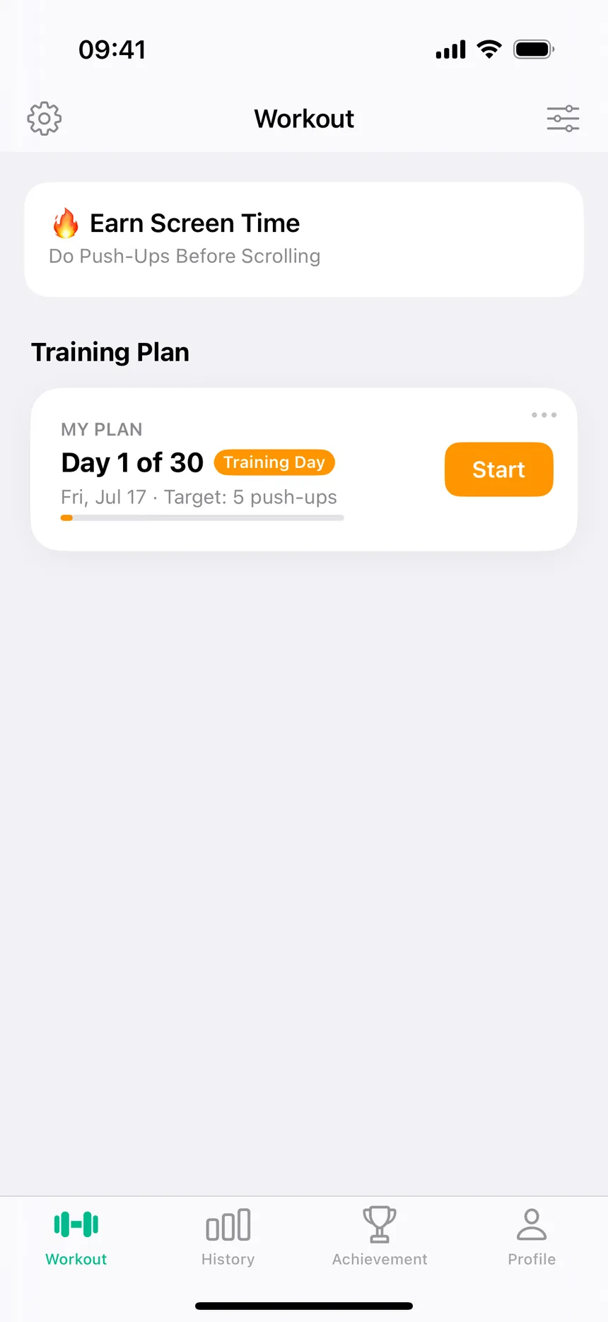 Tarjeta MY PLAN en CounterUps: día 1 de 30, día de entrenamiento, objetivo de 5 flexiones, botón Start