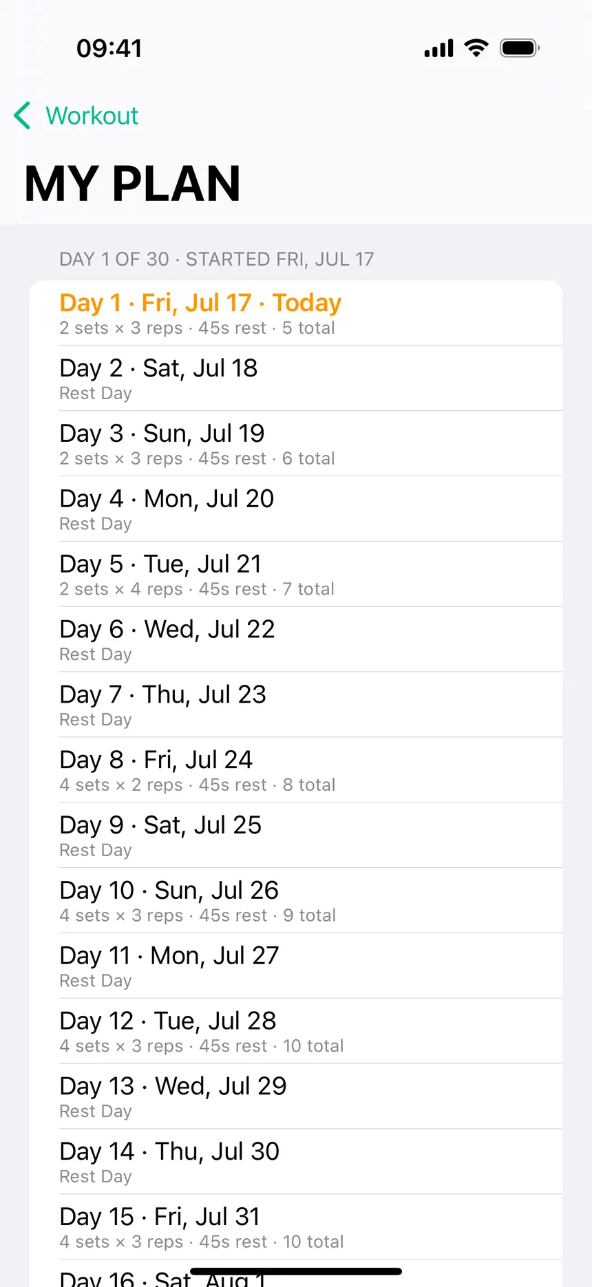 Calendario MY PLAN de 30 días en CounterUps con series, repeticiones, descanso y días libres por día