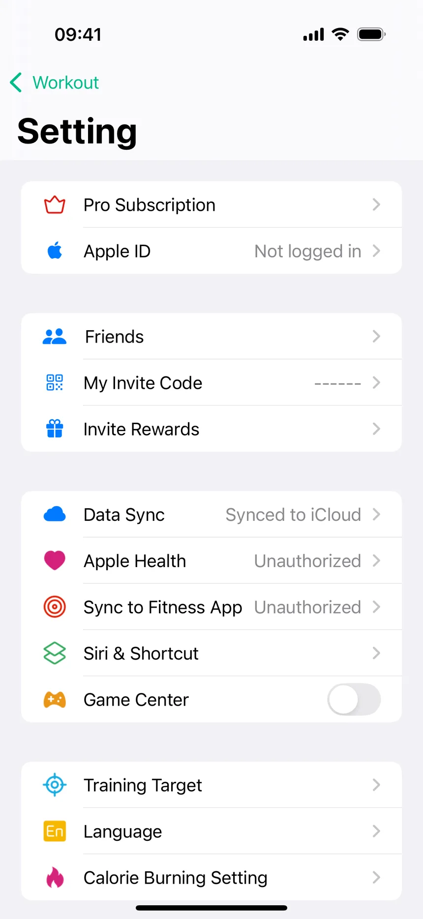 CounterUps settings list showing the Apple Health row marked Unauthorized, next to Data Sync and Sync to Fitness App