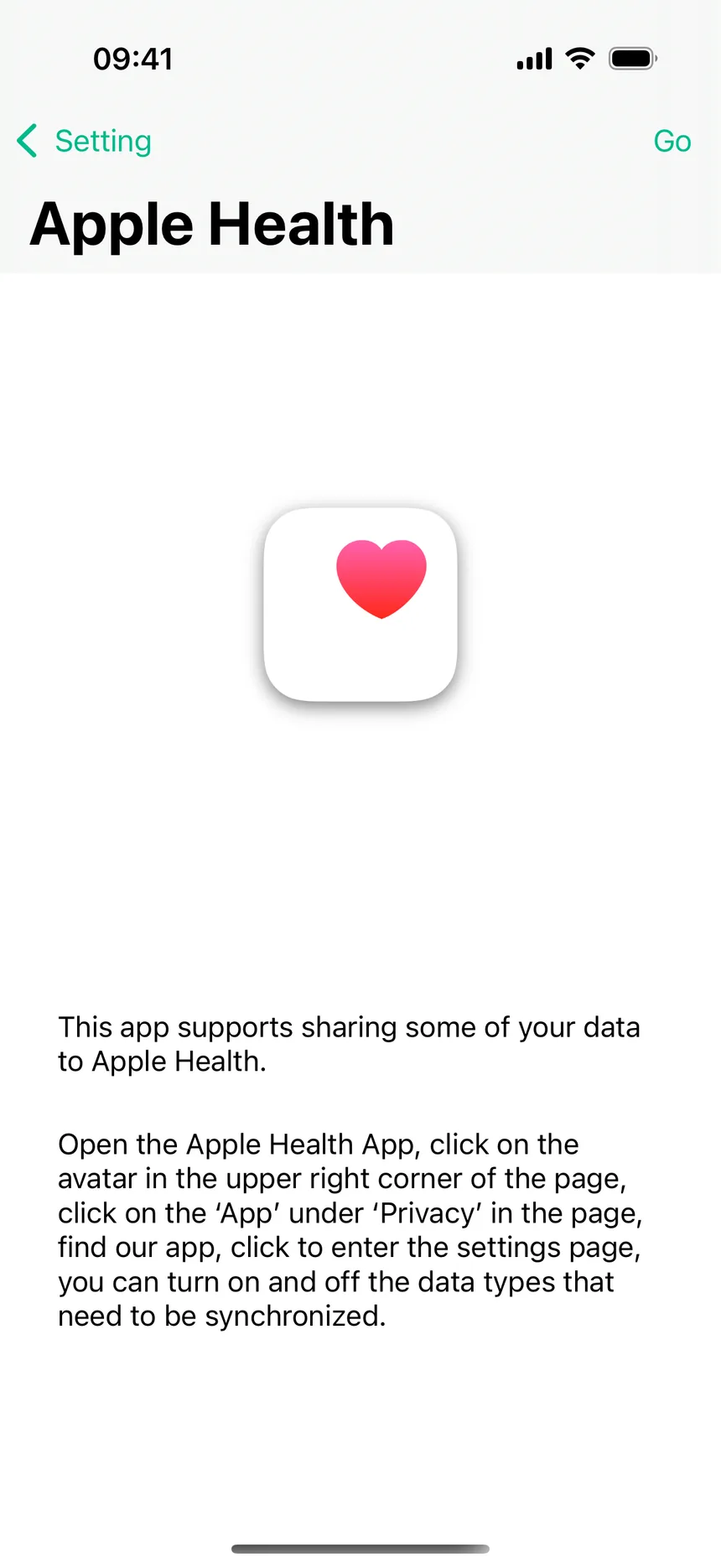 The Apple Health info panel in CounterUps, explaining data sharing with a Go button in the top-right corner